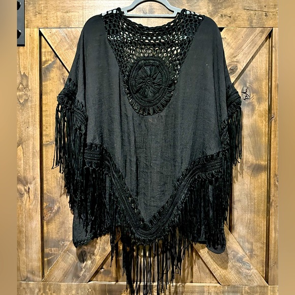 Boutique Jackets & Blazers - Black Fringe and Crochet Accent Bat Wing Open Front Jacket